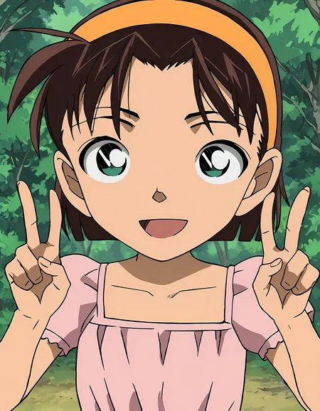 score_9, score_8_up, score_7_up, score_6_up, score_5_up, score_4_up, source_anime, <lora:AyumiY_T2V1:0.85>, <lora:sdxl_lightning_8step_lora:1>, 
anime screencap, 1girl, solo, 
AyumiY_T2V1, brown hair, short hair, forehead, bangs, aqua eyes, orange hairband, 
pink shirt, puffy short sleeves, collarbone, 
hands up, double v, upper body, 
looking at viewer, smile, open mouth, 
outdoors, nature, forest, day,