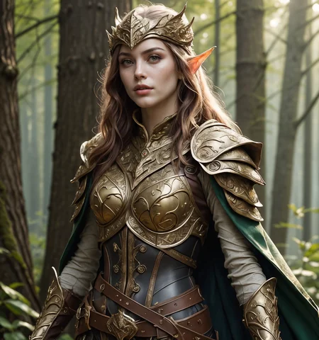 RAW photo, (masterpiece:1.3), subsurface scattering, heavy shadow, (high quality:1.4), (intricate, high detail:1.2), professional photography, HDR, High Dynamic Range, realistic, ultra realistic, photorealistic, high resolution, film photography, ambient lighting, atmospheric effects, <lora:detail_slider_v4:2>, OverallDetail, a female elven warrior, ((cowboy shot)), wearing intricate golden plate armor, heavy armor with tree and leaf pattern, belt, helmet, cape, elar, <lora:ElvenArmor1:0.67>, in the forest, epiCPhoto