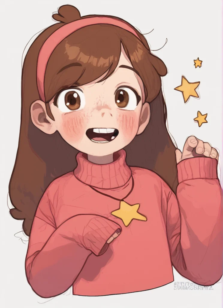 score_9,score_8_up,score_7_up <lora:possummachinexl:1.1>possummachine_style ,  1girl, solo, long hair, looking at viewer, blush, smile, open mouth, simple background, brown hair, long sleeves, white background, brown eyes, upper body, hairband, teeth, tongue, star (symbol), sweater, sleeves past wrists, turtleneck,  teeth, sleeves past fingers, cropped torso, red sweater, pink sweater , mabel pines