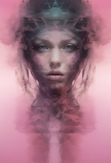 Close-up face, mysterious silhouette of an exotic girl in worn down clothing, pink cosmetic over face goddess, alluring, by Minjae Lee, Carne Griffiths, Emily Kell, Steve McCurry, Geoffroy Thoorens, Aaron Horkey, Jordan Grimmer, Greg Rutkowski, amazing depth, double exposure, surreal, geometric patterns, intricately detailed, bokeh, perfect balanced, deep fine borders, artistic photorealism , smooth, great masterwork by Suiras <lora:add-detail-xl:2> <lora:Double_Exposure:0.5>