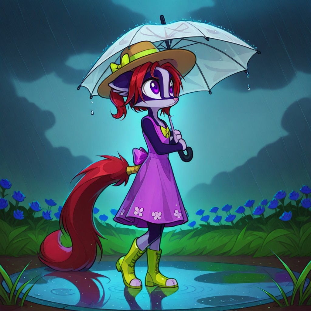 Dreamkeepers,Indi_and_Digo,1girl,solo,furry,tail,source_furry,,red hair,purple fur, purple eyes,
child, kid, 
Dancing in the Rain, rain, puddle, umbrella, dress, boots, hat, clouds, grass, water_drops, breeze, flowers , Under a gray sky, a girl twirls in the rain, splashing in puddles with her boots as water drips from her umbrella. Her dress spins, a hat flops wetly, and grass glistens around her. Flowers bow under the raindrops, a breeze carries her laughter, and the carefree dance turns the dreary day into something adorable