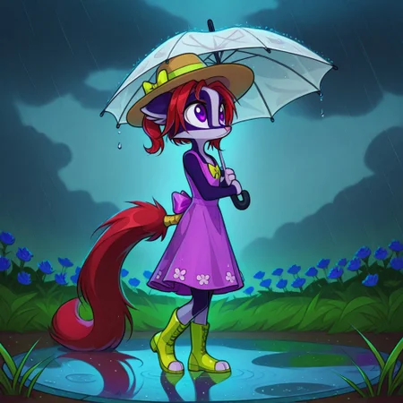 Dreamkeepers,Indi_and_Digo,1girl,solo,furry,tail,source_furry,,red hair,purple fur, purple eyes,
child, kid,
Dancing in the Rain, rain, puddle, umbrella, dress, boots, hat, clouds, grass, water_drops, breeze, flowers , Under a gray sky, a girl twirls in the rain, splashing in puddles with her boots as water drips from her umbrella. Her dress spins, a hat flops wetly, and grass glistens around her. Flowers bow under the raindrops, a breeze carries her laughter, and the carefree dance turns the dreary day into something adorable