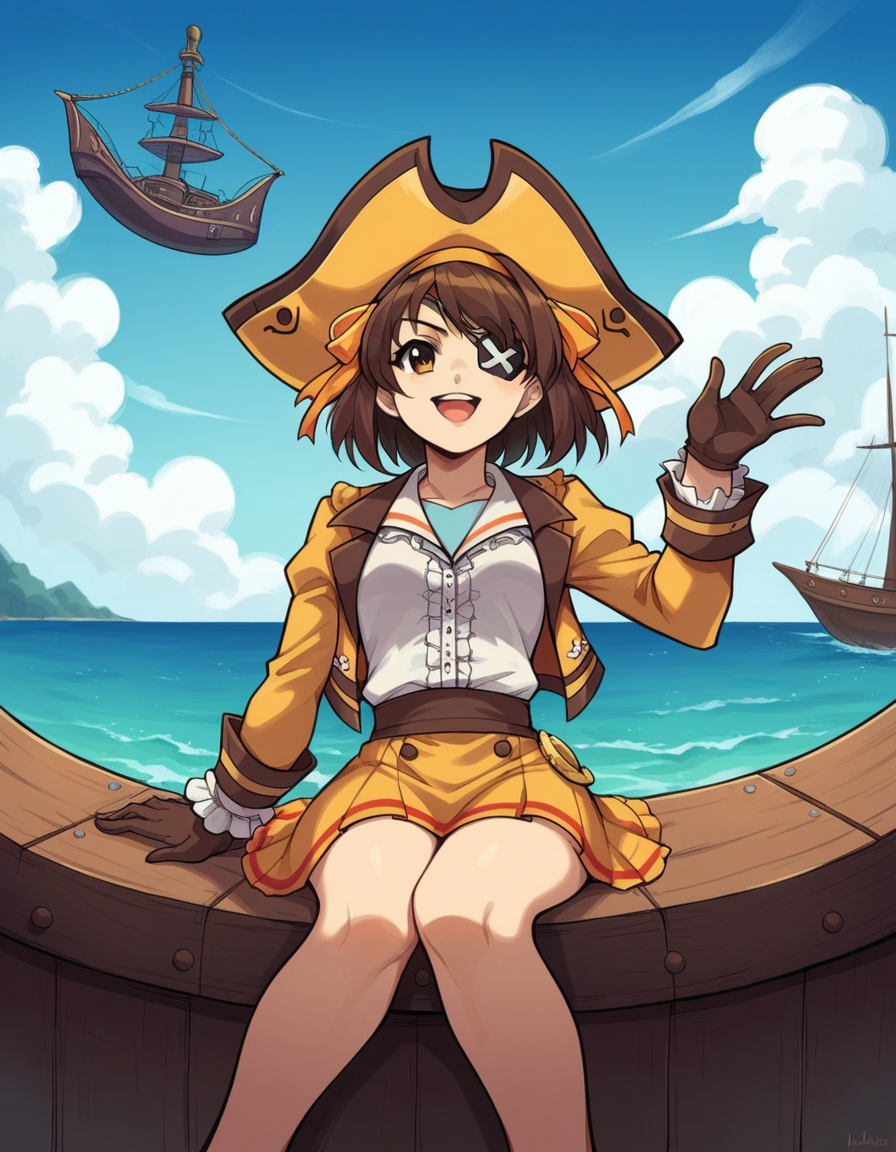 score_9, score_8_up, score_7_up, source_anime, <lora:haruhi-suzumiya-s1-ponyxl-lora-nochekaiser:1>, haruhi suzumiya, short hair, brown hair, brown eyes, hairband, medium hair, ribbon, hair ribbon,, <lora:pirate-costume-ponyxl-lora-nochekaiser:1>, pirate costume, pirate hat, skirt, gloves, jacket, shirt, eyepatch,, blue sky, sea, ocean, pirate ship, treasure, gold, smug, open mouth, from below, sitting,, cowboy shot