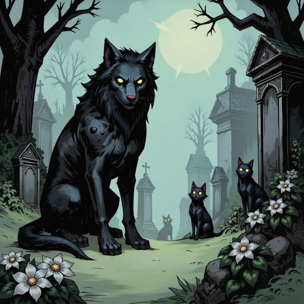 inked comic illustration in TTCSV1.0 artstyle that features fog covered graveyard, graveyard is full of white flowers that raise above fog level on the graveyard there is black wolf, he sits in the picture center but is not occupaing a lot of spcae in it. The wolf has big, glowing, empty eyes and he is starind intro viewers direction. The wolf is creature made of dark smoke, covered in black smoke cloth that makes high cotrast with white fog and flowers that coveres majority of the graveyard area, the wolf is far from the center of picture taking a fraction of it. The wolf is surrounded by multiple, small black cats, the cats are sitting on graves and just like the wolf have big white empty eyes and are staring intro viewers direction. He sits next to one of the graves and stares intro viewer direction, the wolf is zoomedd out to take the fration of picture, not being it's centerpiece, the main focus of picture is graveyard area itself.