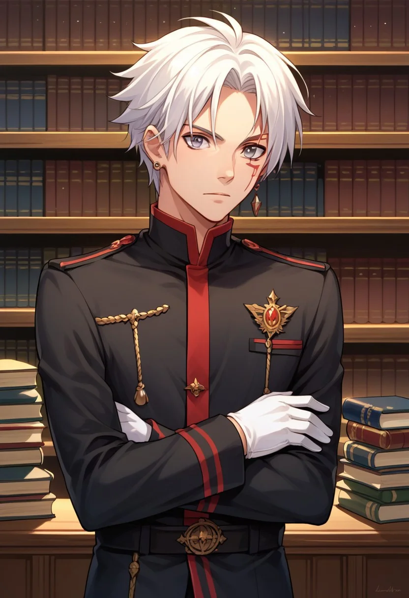 score_9, score_8_up, score_7_up, source_anime, highly detailed,
allenwalker, 1boy, male focus, solo, gloves, uniform, white hair, military, earrings, grey eyes, jewelry, white gloves, crossed arms, facial mark, military uniform, slender, skinny
indoor, bookshelf, books,