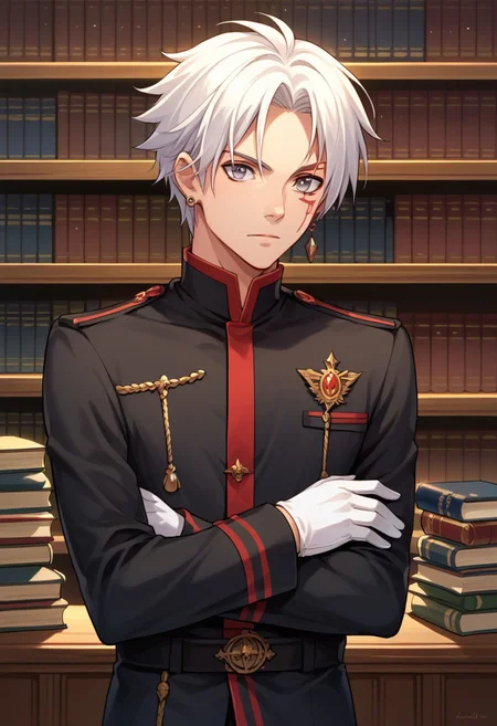 score_9, score_8_up, score_7_up, source_anime, highly detailed,
allenwalker, 1boy, male focus, solo, gloves, uniform, white hair, military, earrings, grey eyes, jewelry, white gloves, crossed arms, facial mark, military uniform, slender, skinny
indoor, bookshelf, books,