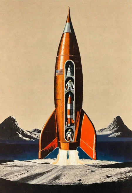 (inside:1.2), a (retro_rocket:1) on a moonscape, show inside of ship and each of its levels