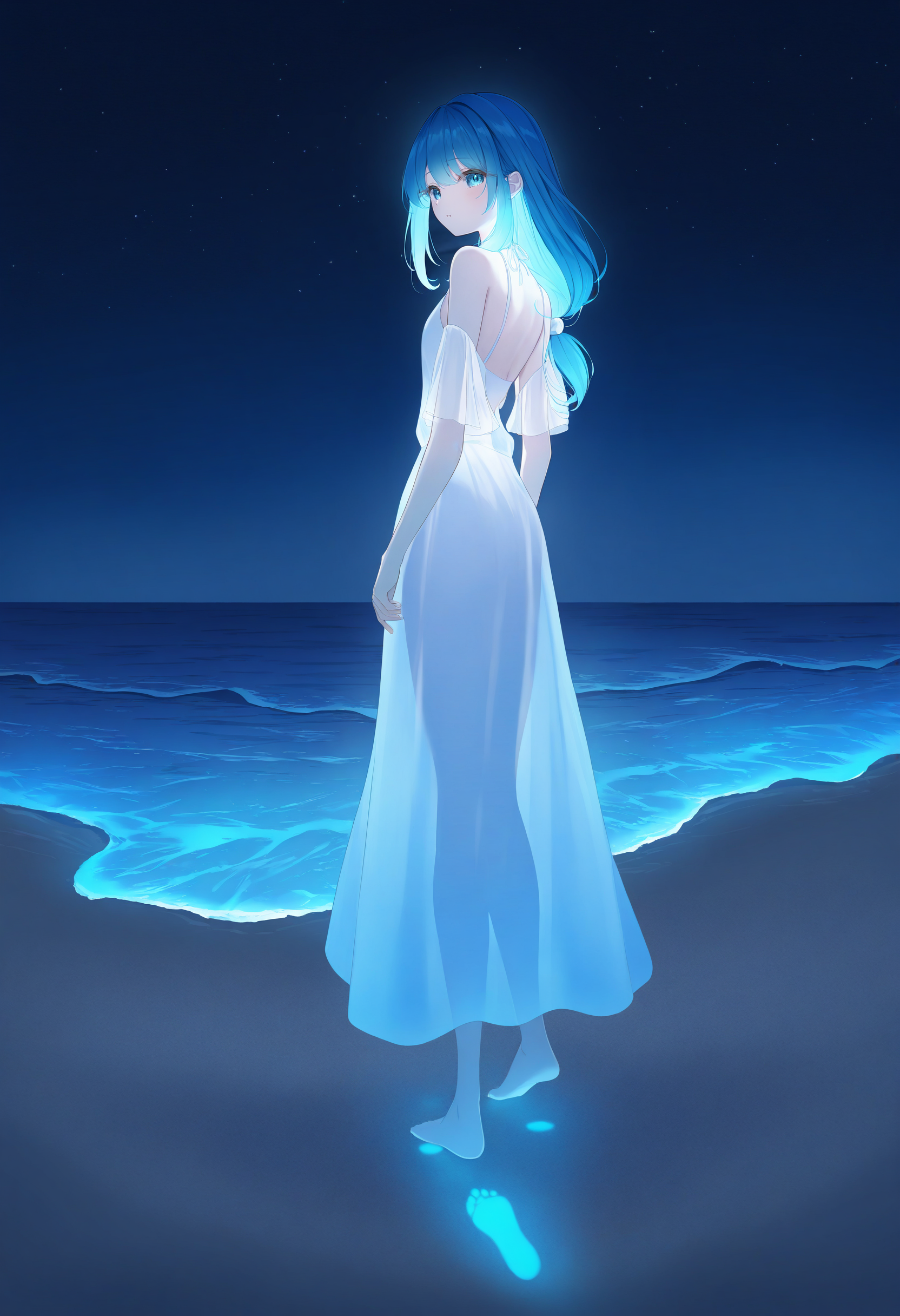 phytoplankton, bioluminescence, sky, cyan glow, beach, glowing footprints, outdoors, 1girl, long eyelashes, low-tied long hair, see-through clothes, from behind, from above, standing, nape, looking back, looking at viewer, night, star \(sky\), blue theme, 
masterpiece, best quality, very aesthetic, very awa, absurdres
<lora:noobai_epred_11_bioluminescence_v15:1>