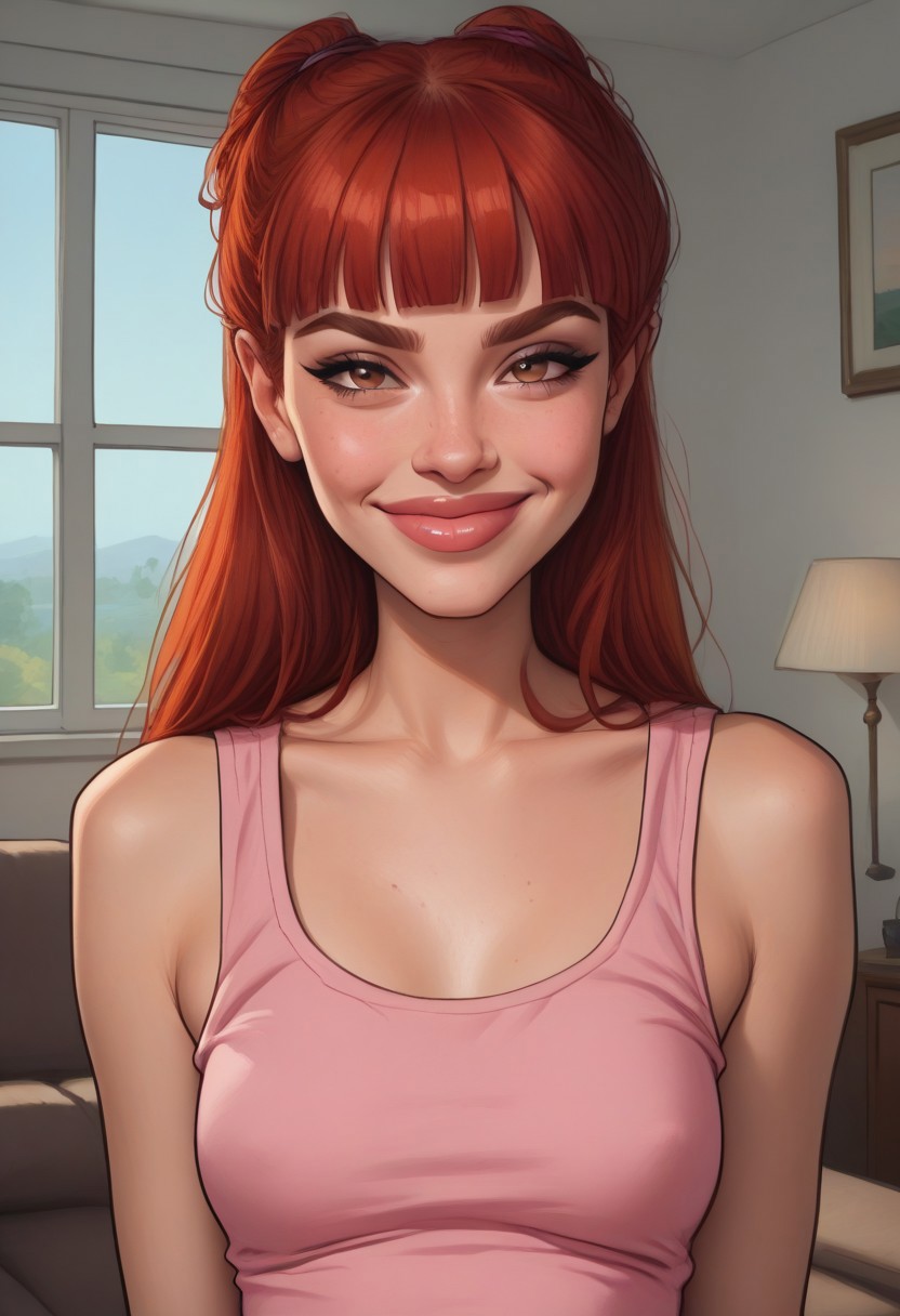 score_9, score_8_up, score_7_up, detailed, detailed body, detailed face,
Expressiveh,  ct, BREAK,
living room, day, window, (full body: 0.5), (standing, smug, smirk, looking at viewer, ), BREAK,
1girl, pointy breasts, juliah, red hair, 
(white skin, rectangular face, brown eyes, red hair, small breast, long straight hair, redhair, blunt bangs, beauty mark, medium eyebrows, strong jaw, sharp long nose, round lips)
pink tank top, white pants,