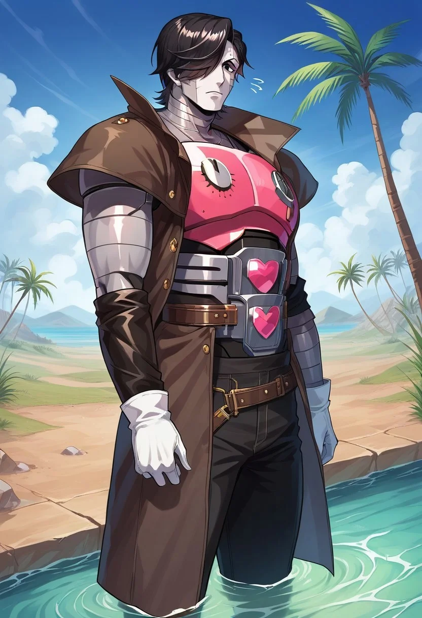 score_9, score_8_up, score_7_up, source_anime, show accurate, 1boy, sexy boy, solo, Mettaton, (((robot boy))), black hair, hair covering left eye, black eyes, makeup, (((white skin))), pink chest piece, black shoulder pads, white gloves, d3sertranger, coat, gloves, military, armor, day, outdoors, black tights, pink high heel boots, portrait, cowboy shot, desert, lake, partially submerged, palm trees, face focus, masculine male, huge pecs, mature male, seme, flexing, thick thighs, standing, wide hips, steampunk, steamy body, (obese:1.3), legs up, vanishing point, day, embarassed, shy, (wide_hips), thick thighs, bubble_butt