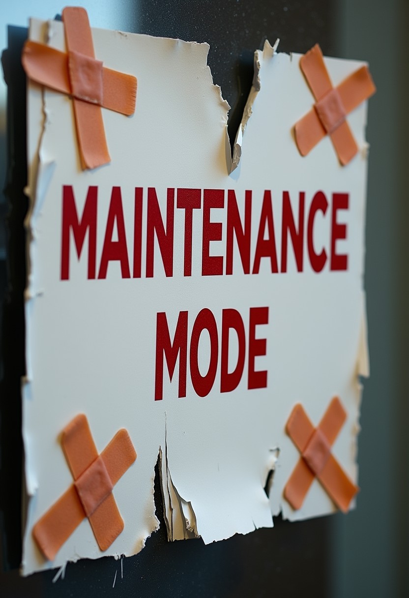 Realistic photo of a broken "Maintenance Mode" sign stuck with Band-Aids