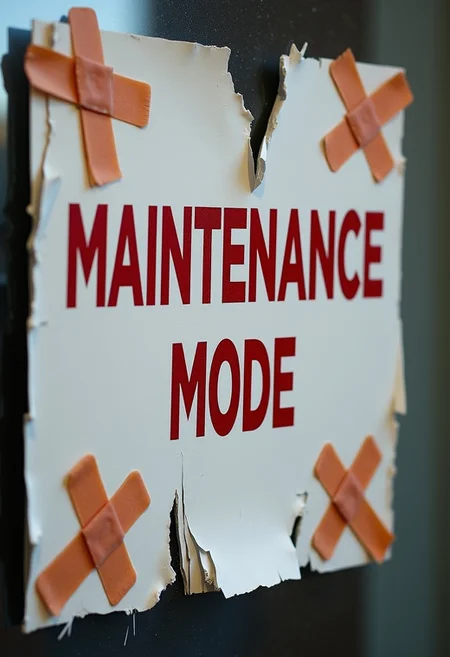 Realistic photo of a broken "Maintenance Mode" sign stuck with Band-Aids