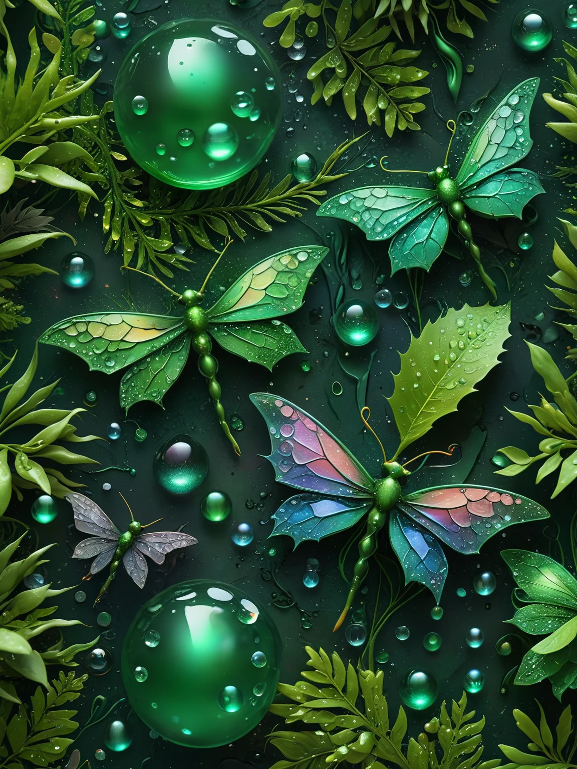 realistic soft greenery green accents and holographic dew drops and dragon flys in nature patterns with realistic colorful hi-res glitter