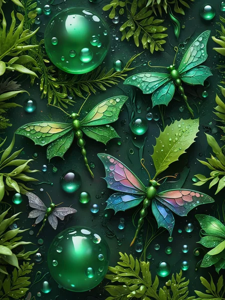 realistic soft greenery green accents and holographic dew drops and dragon flys in nature patterns with realistic colorful hi-res glitter
