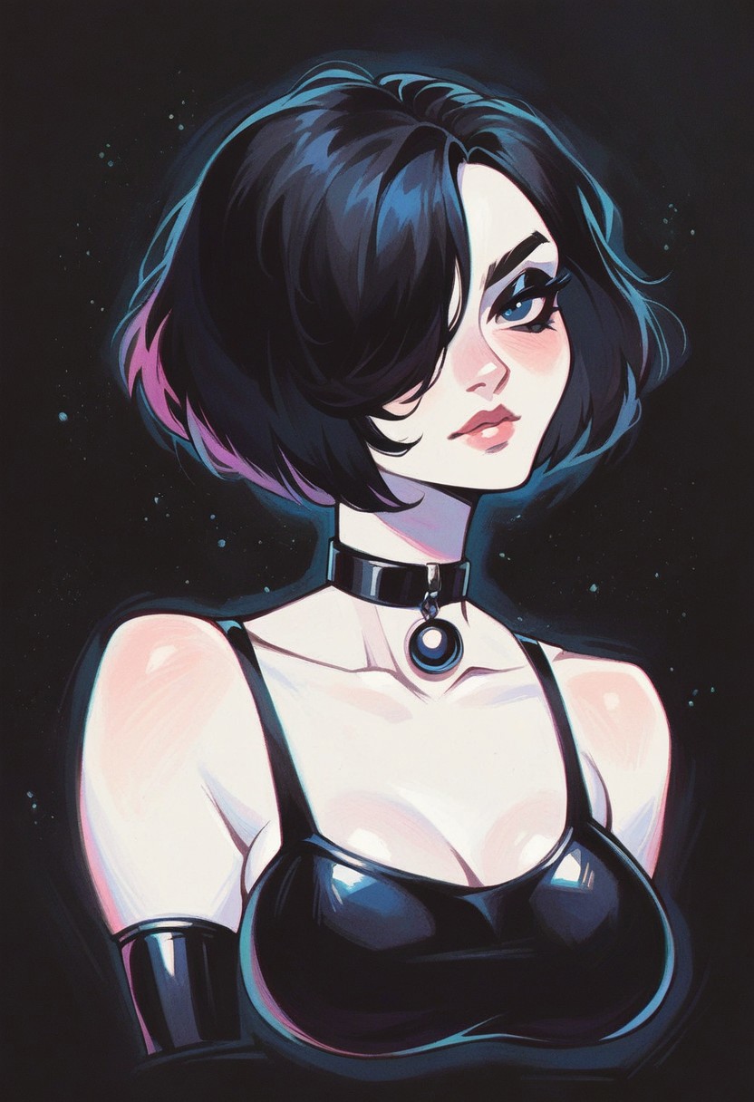 score_9, score_8_up, score_7_up,  pastels drawing, pale white skin:1.3, gothic, choker, medium breasts, black latex top, white skin, black hair, black background, adult, short hair, hair over eye, black eyeshadow