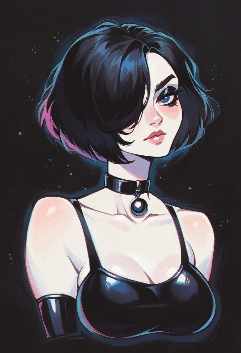 score_9, score_8_up, score_7_up, pastels drawing, pale white skin:1.3, gothic, choker, medium breasts, black latex top, white skin, black hair, black background, adult, short hair, hair over eye, black eyeshadow
