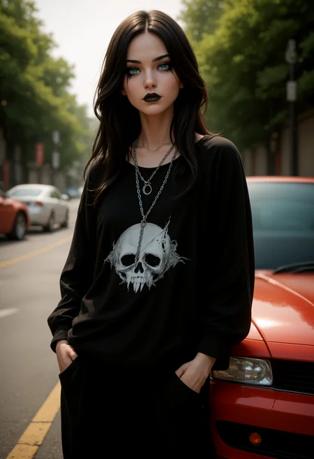 1girl, solo, intense black hair, straight hair, long hair, parted bangs, dark makeup, black lips, eyeliner, aqua eyes, perfecteyes, baggy tshirt, black tshirt, long sleeves, baggy pants, black pants, cartoon on tshirt, chains necklace, hands in pocket, leaning on a red modern car, standing under a bridge, shadows, looking at viewer, facing viewer, depth of field, sharp focus, blurry background,  BREAK PonyXLV6_Scores