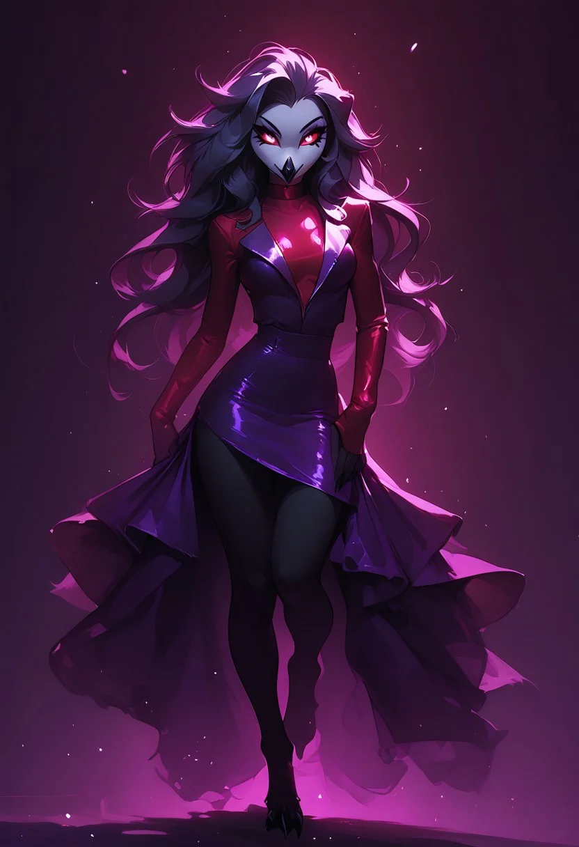 score_9, score_8_up, score_7_up, score_6_up, 1girl, solo, octavia, octavia, avian bird demon owl owl_demon, beak, red sclera, from hellova boss, anthro furry, long hair, nightclub outfit, tight purple dress, perfect face, perfecteyes, sexy, sexy girl, beautiful eyes, dancing, dynamic angle, full body shot, red eyes, glowing eyes, pop star, singing