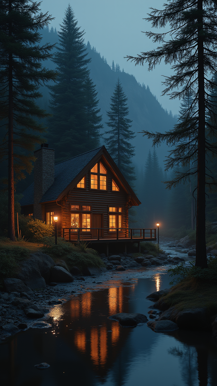 photograph, heavy metal lighting, a cozy cabin nestled in the heart of a bustling The River Lethe is illuminated by the soft glow of a nearby lamp. aidmaMJ6.1