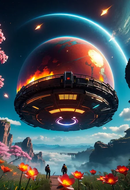 4D render, blender, landscape, Ancient,apocalypse, perfect world, ARK game style, cyberpunk 2077, unreal engine 5 graphics style, spaceship, outdoors, icon, floating in the air, outer space planet, sky gate,dinheirosaurus, human, bulding night, meteor aurora , flower, top-down view, firefly -ar 9:16, high saturation, high contract, fire effcect, bigbang, top-down view