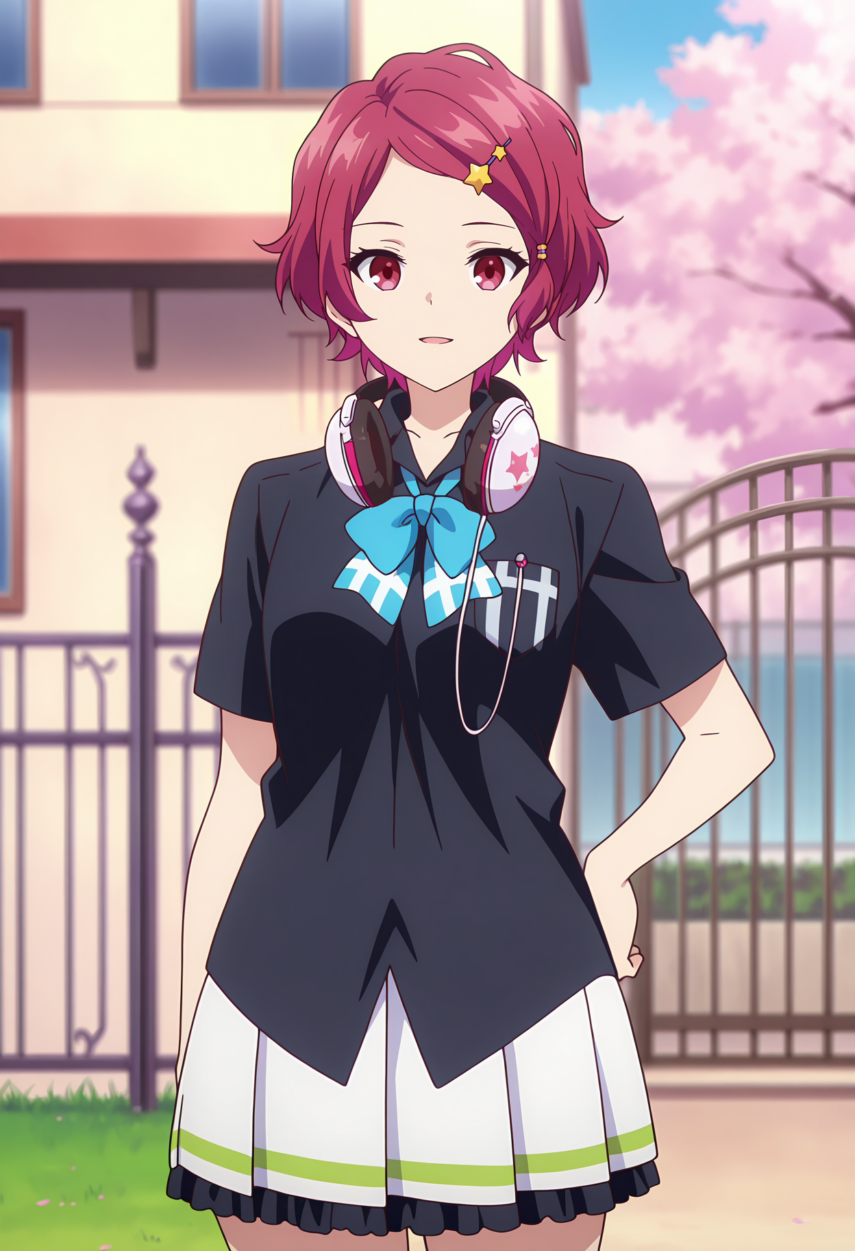 anime screencap, masterpiece, best quality,
<lora:MusaigenNoPhantomWorld_MinaseKoito_IlluXL:0.9>,
1girl, solo, open mouth, light smile,
short hair, swept bangs, red hair, red eyes, star hair ornament, headphones around neck,
collared shirt, black shirt, blue bowtie, short sleeves, pleated skirt, frilled skirt, white skirt, 
hand on own hip, looking at viewer, cowboy shot,
building, cherry blossoms, gate, grass, day, blurry background