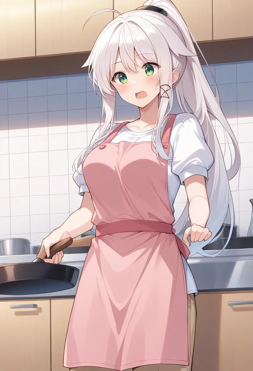 1girl, solo, anceriseshirokami, white hair, long hair, high ponytail, ahoge, hair flaps, sidelocks, hair ornament, green eyes, white shirt, puffy short sleeves, pink apron, beige pants, indoors, kitchen, holding frying pan, open mouth, cowboy shot,
