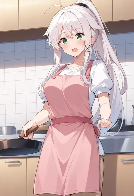 1girl, solo, anceriseshirokami, white hair, long hair, high ponytail, ahoge, hair flaps, sidelocks, hair ornament, green eyes, white shirt, puffy short sleeves, pink apron, beige pants, indoors, kitchen, holding frying pan, open mouth, cowboy shot,