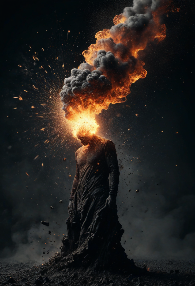surrealism,dark tones,
detailed ash particles,
explosion special effect,
head and fire mixed,
visual impact,
fire swing with wind,