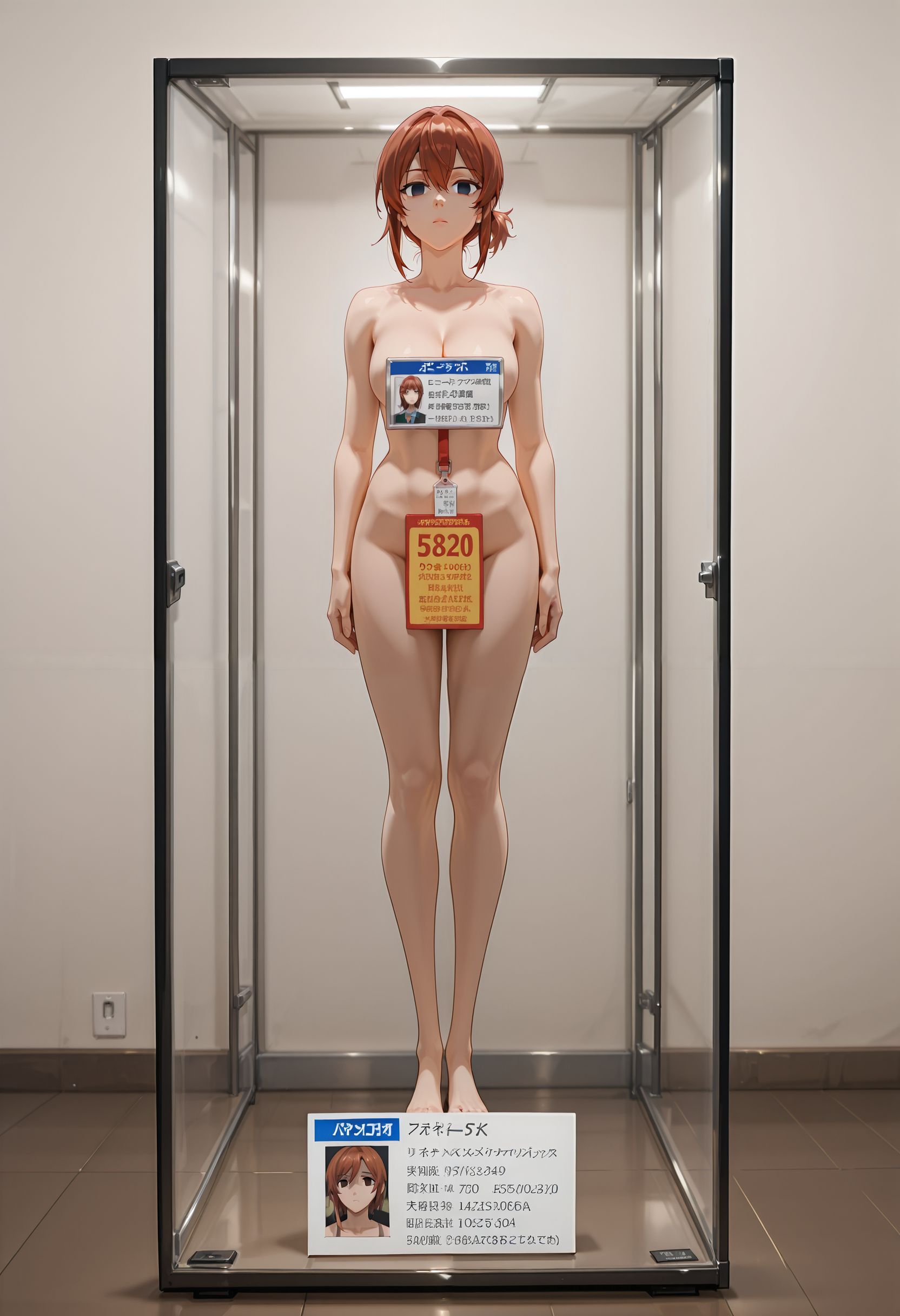 anime, anime coloring, 
lvdll, love_doll, (price tag:1.5), price list, glass, glass panel, (id photo:1.5), indoors, full body, in container, expressionless, empty eyes, nude, standing, <lora:love_doll_illustrious:0.5>