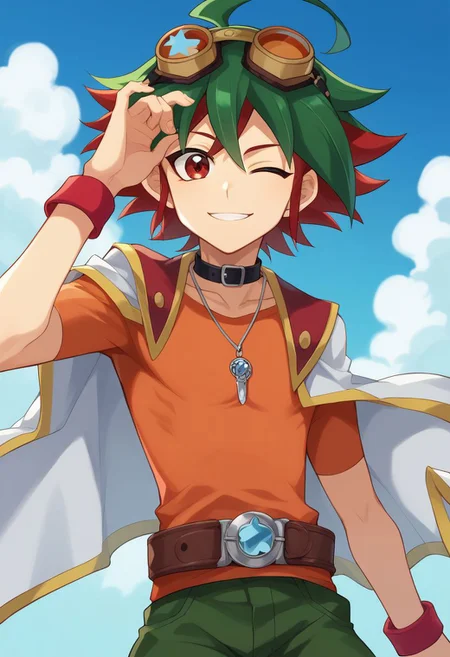 score_9, score_8_up, score_7_up, source_anime, highly detailed,
yuya, 1boy, male focus, red hair, solo, ahoge, goggles, googles around neck, green pants, green hair, bangs, dyed bangs, pants, red eyes, choker, shirt, multicolored hair, short sleeves, orange shirt, pendant, jewelry, spiked hair, belt, smile, wink,
outdoor, blue sky, upper body,