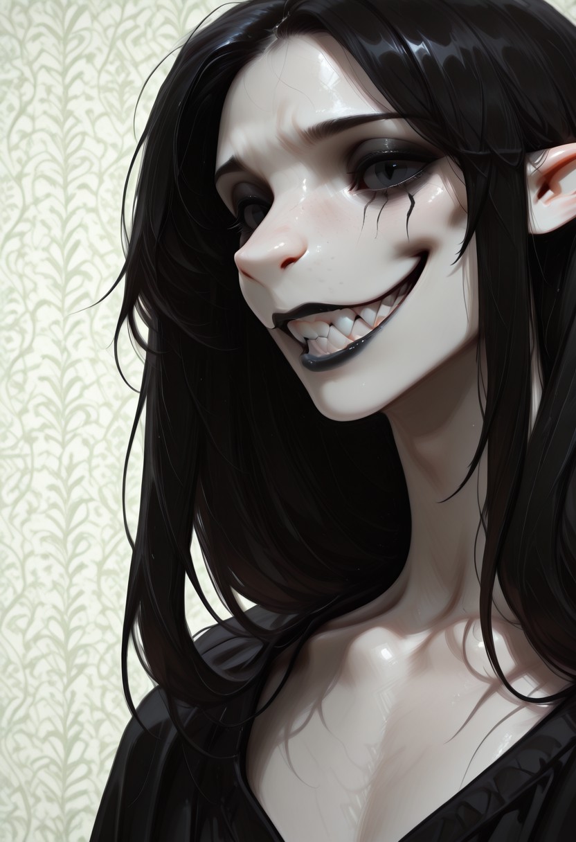 1 person, (lapanya, snout nose:1.4), solo, androgynous, pointy ears, sleek hair, straight hair, long hair, black hair, straight hair, parted hair, hair over shoulders, ((black sclera, black irises, black pupils)):1.5, (very pale skin, white skin), ((full lips, black lipstick)), black cloak, open cloak, bare chest,
(Grinning, sharp teeth, detailed teeth), looking at viewer,
Medieval style, Smooth colors, detailed face, smooth skin, smooth nose, organic cavern background, clean lines, high quality, best quality, masterpiece, rating: safe, source: semi-realistic,