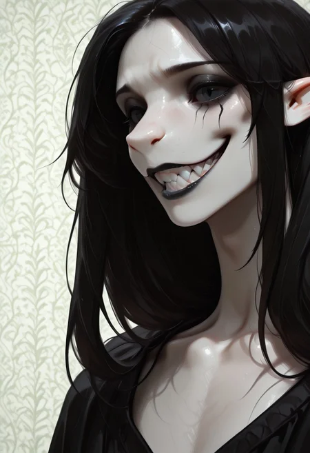 1 person, (lapanya, snout nose:1.4), solo, androgynous, pointy ears, sleek hair, straight hair, long hair, black hair, straight hair, parted hair, hair over shoulders, ((black sclera, black irises, black pupils)):1.5, (very pale skin, white skin), ((full lips, black lipstick)), black cloak, open cloak, bare chest,
(Grinning, sharp teeth, detailed teeth), looking at viewer,
Medieval style, Smooth colors, detailed face, smooth skin, smooth nose, organic cavern background, clean lines, high quality, best quality, masterpiece, rating: safe, source: semi-realistic,