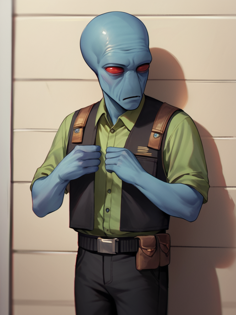score_7_up, score_8_up, score_9, masterpiece, (1boy, solo,)perfect face, perfect hands, high quality, source_anime, cowboy shot, <lora:Duros_-_Star_Wars:1> duros, 1boy, colored skin, alien, red eyes, blue skin, bald, hiding behind corner, black vest, green undershirt, black pants, utility belt,