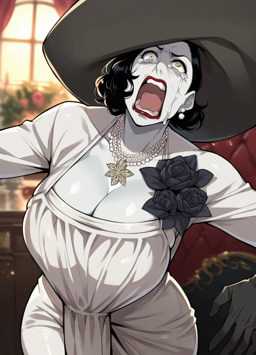 score_9, score_8_up, score_7_up, BREAK  <lora:AlcinaDimitrescu:0.7> alcinaxl, yellow eyes,black hair,short hair, pale skin, lipstick, mature woman, make up, curvy, white dress, hat, single earring, cleavage, pearl necklace, black gloves, pantyhose, large hat, <lora:concept_aquascreaming_ponyXL:0.7> aquascreaming, screaming, open mouth, crying with eyes open