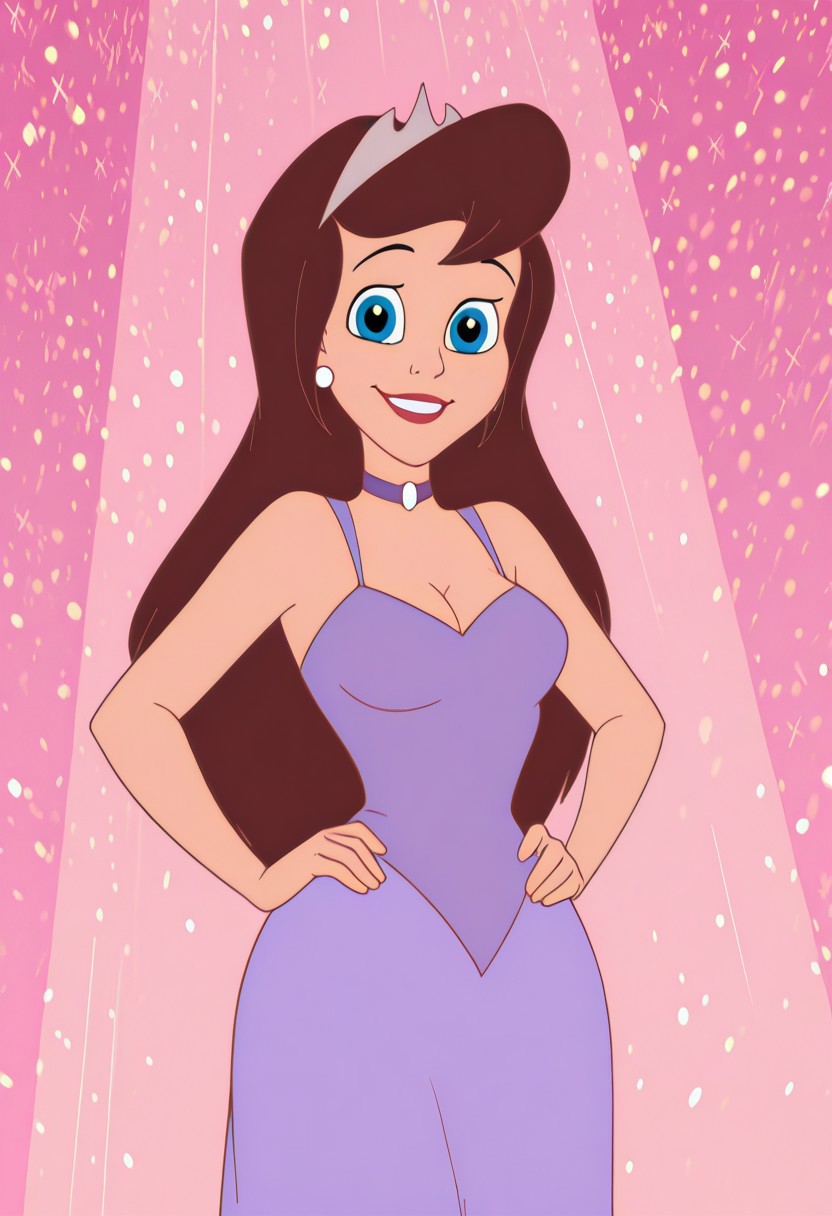 masterpiece, best quality, amazing quality, c14r4p, 1girl, brown hair, tiara, white earrings, purple choker, purple dress, hands on hips, looking at viewer, smile, cowboy shot, pink background, (colorful sparkles background, light rays:0.9),