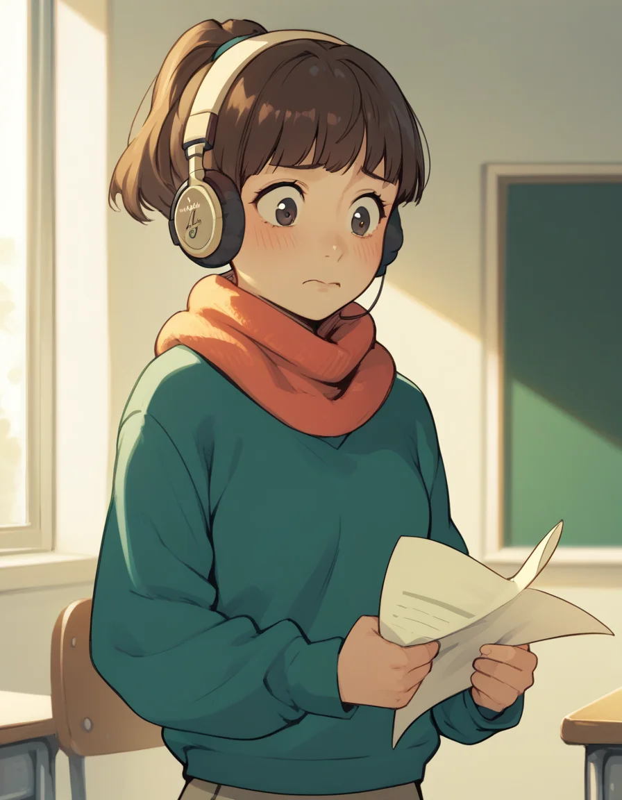 score_9, score_8_up, score_7_up, source_anime, <lora:lofigirl-ponyxl-000021:1> 1girl, lfg, sweater, scarf, pants, headphones,
academic test, embarrassed, holding paper, looking down, classroom