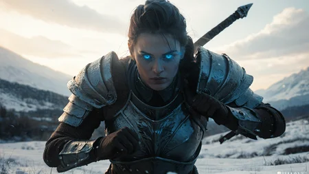 score_9, score_8_up, score_7_up, score_6_up, flmgr, film grain, cinematic, solo, dark, blue theme, creature, fantasy, close-up, portrait, landscape background, snow, action pose, weapon, plate armor, glowing eyes, realistic, <lora:FLMGR-R:.6>,