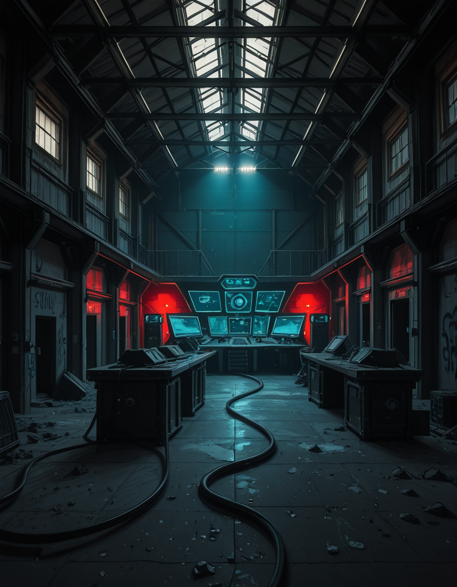 A dark, abandoned warehouse transformed into a villain's secret lair. The structure is massive and industrial, with rusted steel beams, shattered windows, and crumbling concrete walls covered in old graffiti. The floor is dusty and cracked, with scattered debris and oil stains. Dim red and blue lights glow from hidden sources, casting eerie, atmospheric shadows throughout the space. In the center, a high-tech command station glows with holographic maps, control panels, and futuristic computer screens. Advanced equipment, weapons racks, and strange scientific devices are neatly arranged on steel tables. Thick black cables snake across the floor and dangle from the ceiling. Makeshift metal dividers and reinforced crates create hidden zones for operations and storage. The setting is cinematic, mysterious, and tense, with dramatic lighting, high contrast between dark corners and glowing tech, and a realistic, moody art style â like a scene from a dystopian sci-fi thriller. No people or figures are present. 
<lora:SDXLFaeTastic2400:0.4> <lora:extremely_detailed:0.4> extremely detailed,villain secret l41r, <lora:villain_secret_l41r-i:1>, Masterpiece,best quality,hi res,8k,hi res,8k,award winning,(sharp focus, intricate, highly detailed),