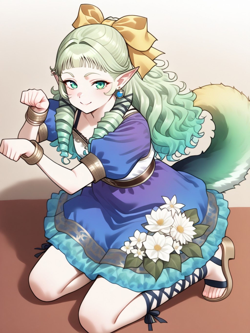 perfect quality,best quality,absolutely eye-catching,ambient occlusion,raytracing BREAK
1girl,<lora:SO4pafy IL v1.2:1>,SO4pafiy,green eyes,green hair,wavy hair,drill sideburns,hair ribbon,pointy ears,earrings,bracelet,green gradient dog tail,white flower on skirt,sandals,black cross-laced legwear,blue puffy short sleeves,ankle lace-up,lace trim,single flower,blue dress,smile,blouse,, pov, looking at viewer,upper_body,kneeling,paw_pose,stretch,reclining,