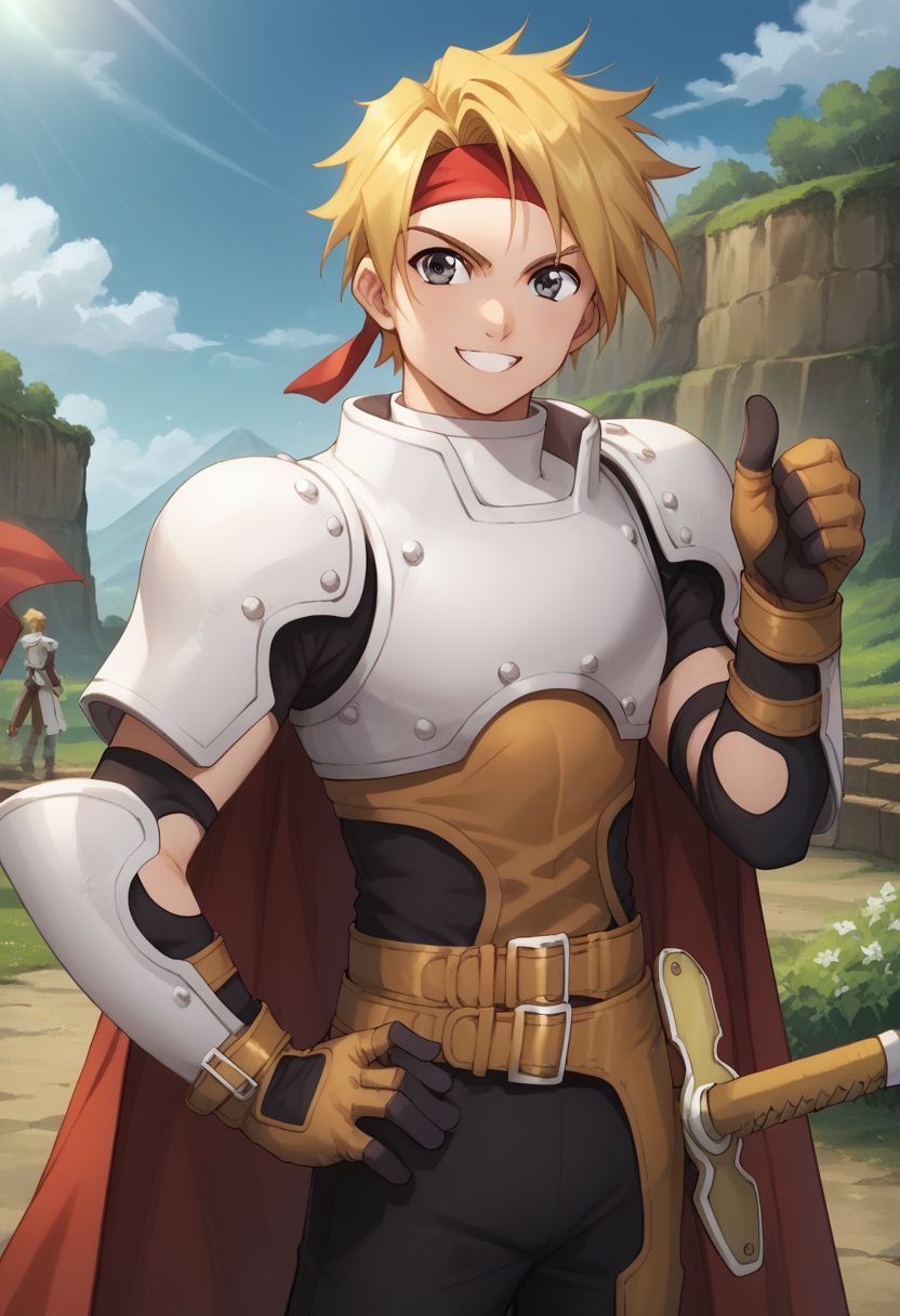 score_9, score_8_up, score_7_up, source_anime, 
cress, armor, solo, red cape, 1boy, thumbs up, cape, headband, red headband, gloves, male focus, hand on hip, weapon, sword, blonde hair, smile, breastplate, boots, belt,
outdoor,