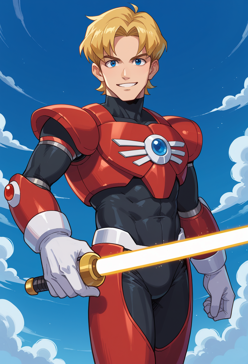 score_9, score_7_up, source_anime, solo, BREAK  <lora:Reploid_v2.0:0.8> megamanreploid, android, gloves, white gloves, armor, bodysuit,   helmet, holding energy sword, red armor,, solo, smile, 1boy, blue eyes, medium blonde hair, parted bangs, hair intakes,