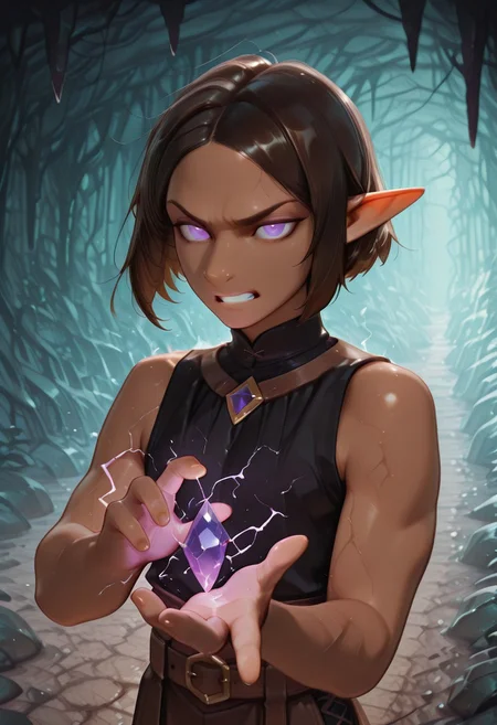 1 Lapanya, solo, Repeta, violet eyes, black sleeveless top,
furrowed eyebrows, pained expression, gritted teeth, purple electricity, purple veins, glowing eyes,
Holding purple gemstone in one hand, 4-sided gemstone, small gemstone,
organic cavern background,
Medieval style, Smooth colors, detailed eyes, clean lines, high quality, best quality, masterpiece, rating: safe, source: anime,
