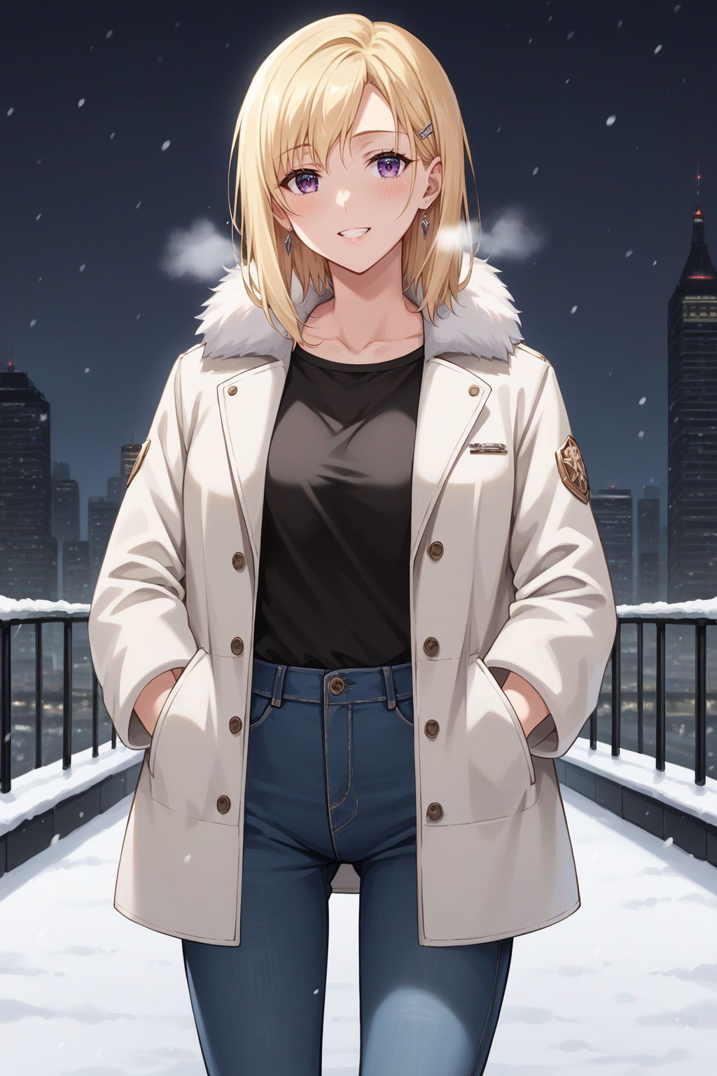 score_9, score_8_up, score_7_up, 1girl, prefect lighting, very aesthetic, intricate details, highly detailed background, masterpiece, high quality, prefect hands, best quality, solo, source_anime,
<lora:Saki_Ayase_Days_with_My_Stepsister_V2:.85>, KJOsaki, blonde hair, purple eyes, medium hair, 
Fur coat, heavy coat, jeans, fur boots,
standing, light smile, teeth, hands in pockets, head tilt, blush, heavy breathing,
Night, city, winter, snow,
(Beautiful, medium Breasts:1.2), natural breasts,