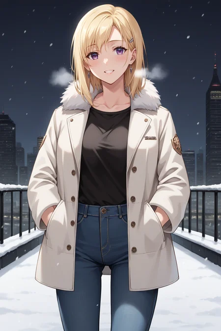 score_9, score_8_up, score_7_up, 1girl, prefect lighting, very aesthetic, intricate details, highly detailed background, masterpiece, high quality, prefect hands, best quality, solo, source_anime,
<lora:Saki_Ayase_Days_with_My_Stepsister_V2:.85>, KJOsaki, blonde hair, purple eyes, medium hair, 
Fur coat, heavy coat, jeans, fur boots,
standing, light smile, teeth, hands in pockets, head tilt, blush, heavy breathing,
Night, city, winter, snow,
(Beautiful, medium Breasts:1.2), natural breasts,