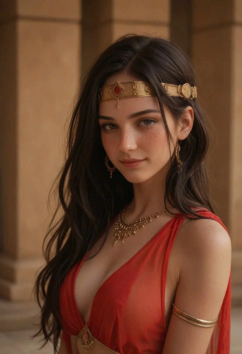 score_9_up, score_8_up, score_7_up, score_6_up, 1girl, solo, 25 years old, perfect face, (adult), sexy,
freckles, black hair, long hair, floating hair, headband, hair ornament, golden jewelry,
red see-through clothes, red harem outfit,
Arabic architecture,
blush, shy smile, portrait, face focus, depth of field, looking at viewer,