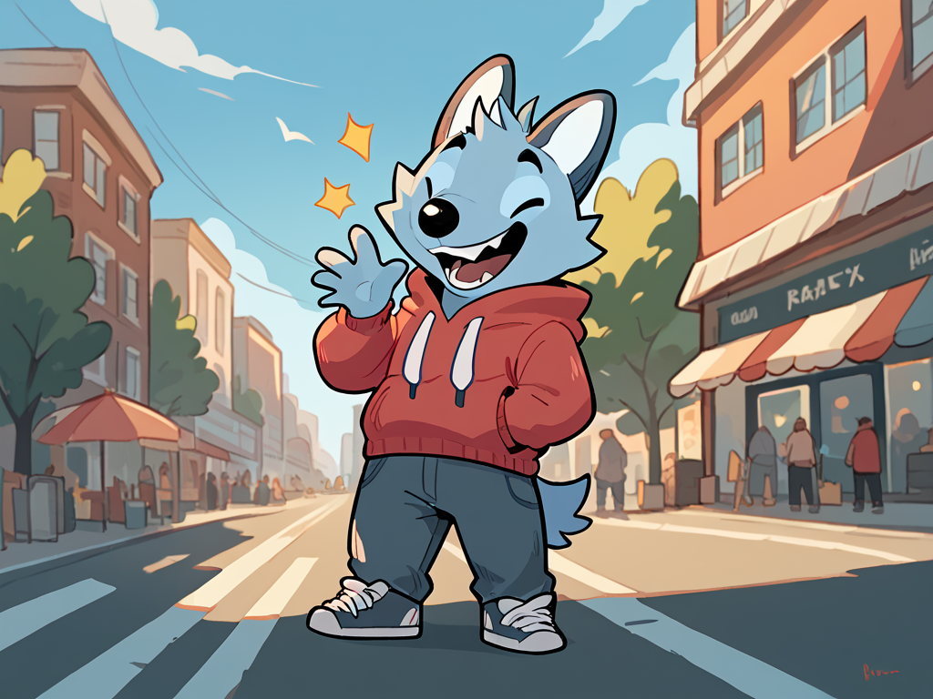 score_9, score_8_up, score_7_up, high quality, hires, 1boy, solo, blue body, furry, yellow eyes, red hoodie, full body, looking at viewer, laughing, <lora:Rae__VK_sticker__Ð ÑÐ¹:1>, city