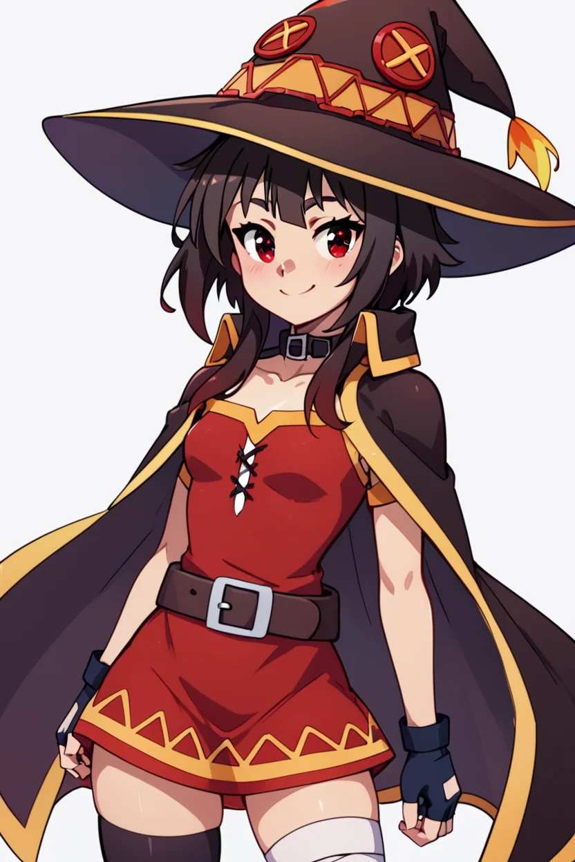 score_9, score_8_up, score_8, medium breasts, (curvy), cute, eyelashes, BREAK, , BREAK, <lora:konosuba-megumin-s2-ponyxl-lora-nochekaiser:0.7>, megumin, short hair, black hair, red eyes, short hair with long locks, thighhighs, gloves, hat, dress, black gloves, belt, black thighhighs, fingerless gloves, cape, collar, witch hat, bandages, red dress, single thighhigh, asymmetrical legwear, bandaged leg,, <lora:GoldenCAT_Lora_PDXL_v2:0.7>, , BREAK, smile, looking at viewer, cowboy shot, embedding:zPDXL, Expressiveh, <lora:SDXLFaeTastic2400:0.5>, <lora:Expressive_H-000001:0.4>,