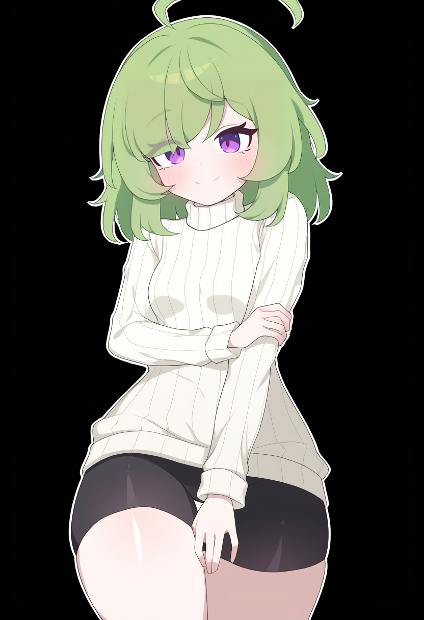 masterpiece, best quality, 1girl,
solo, small breasts, wide hips, thick thighs, shorts, curvy, shiny clothes, turtleneck sweater, green hair, cowboy shot, turtleneck, blush, purple eyes, medium hair, ribbed sweater, smile, white sweater, closed mouth, thighs, breasts, open mouth, bike shorts, black background, arm under breasts, eyes visible through hair, looking at viewer, standing, hand on own arm, ahoge, long sleeves       <lora:hagoonha:1>