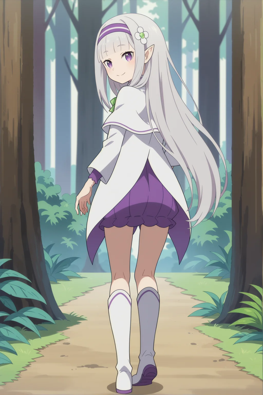 score_9, score_8_up,
<lora:LolimiliaXL-000030:1>,1girl, long hair, grey hair, hair flower, bangs, pointy ears, hairband, solo, blunt bangs, purple eyes, white capelet, long sleeves, looking at viewer, purple dress, smile, very long hair, standing,white footwear, knee boots,full body, from behind, walking, looking back,
outdoors, forest,
anime screencap, anime coloring,source_anime,