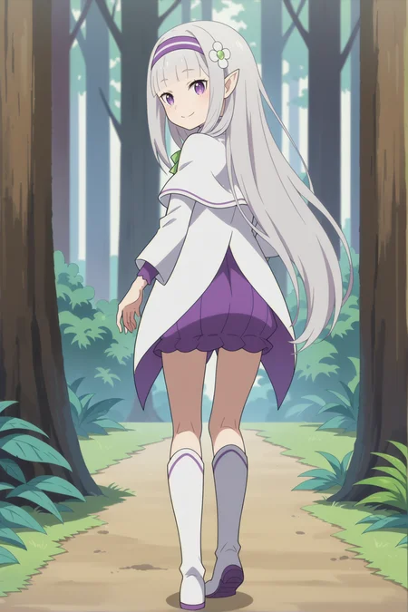score_9, score_8_up,
<lora:LolimiliaXL-000030:1>,1girl, long hair, grey hair, hair flower, bangs, pointy ears, hairband, solo, blunt bangs, purple eyes, white capelet, long sleeves, looking at viewer, purple dress, smile, very long hair, standing,white footwear, knee boots,full body, from behind, walking, looking back,
outdoors, forest,
anime screencap, anime coloring,source_anime,